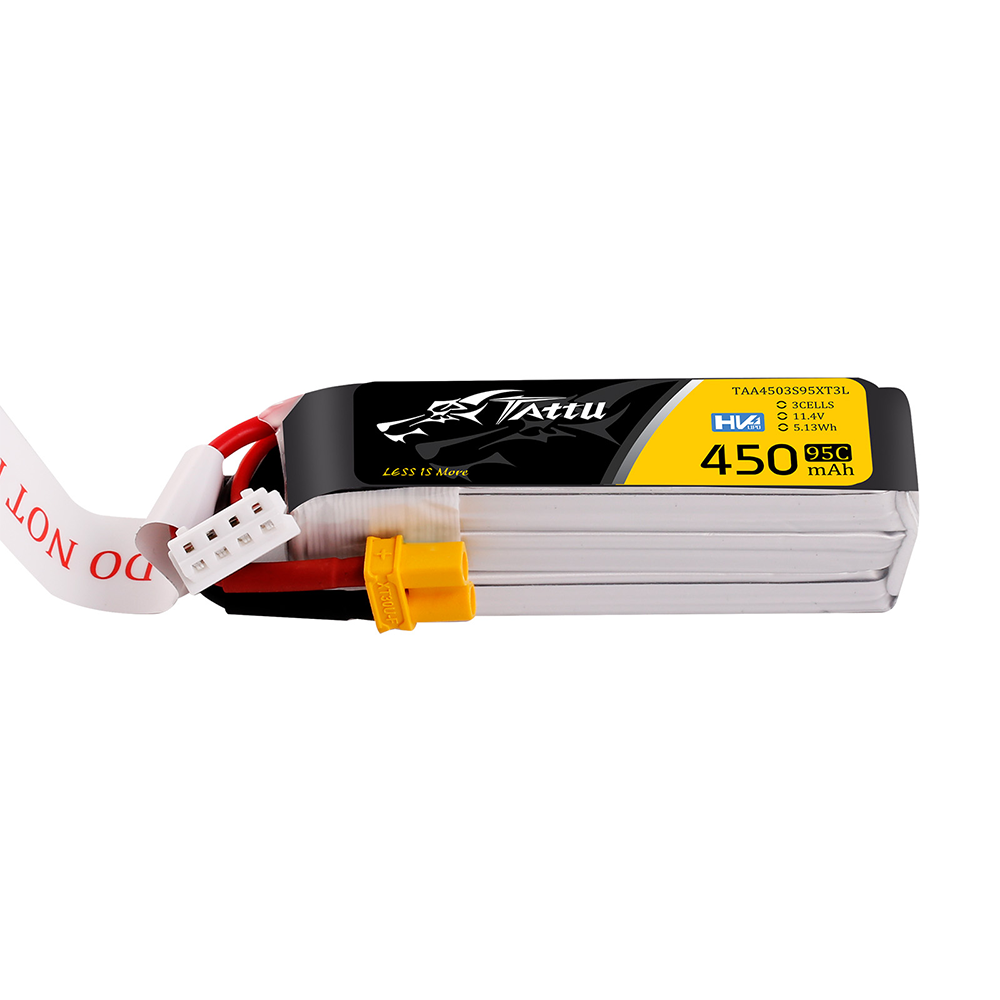 Tattu 450mAh 3S 11.4V HV 95C LiPo battery pack with XT30-style main lead and white balance connector