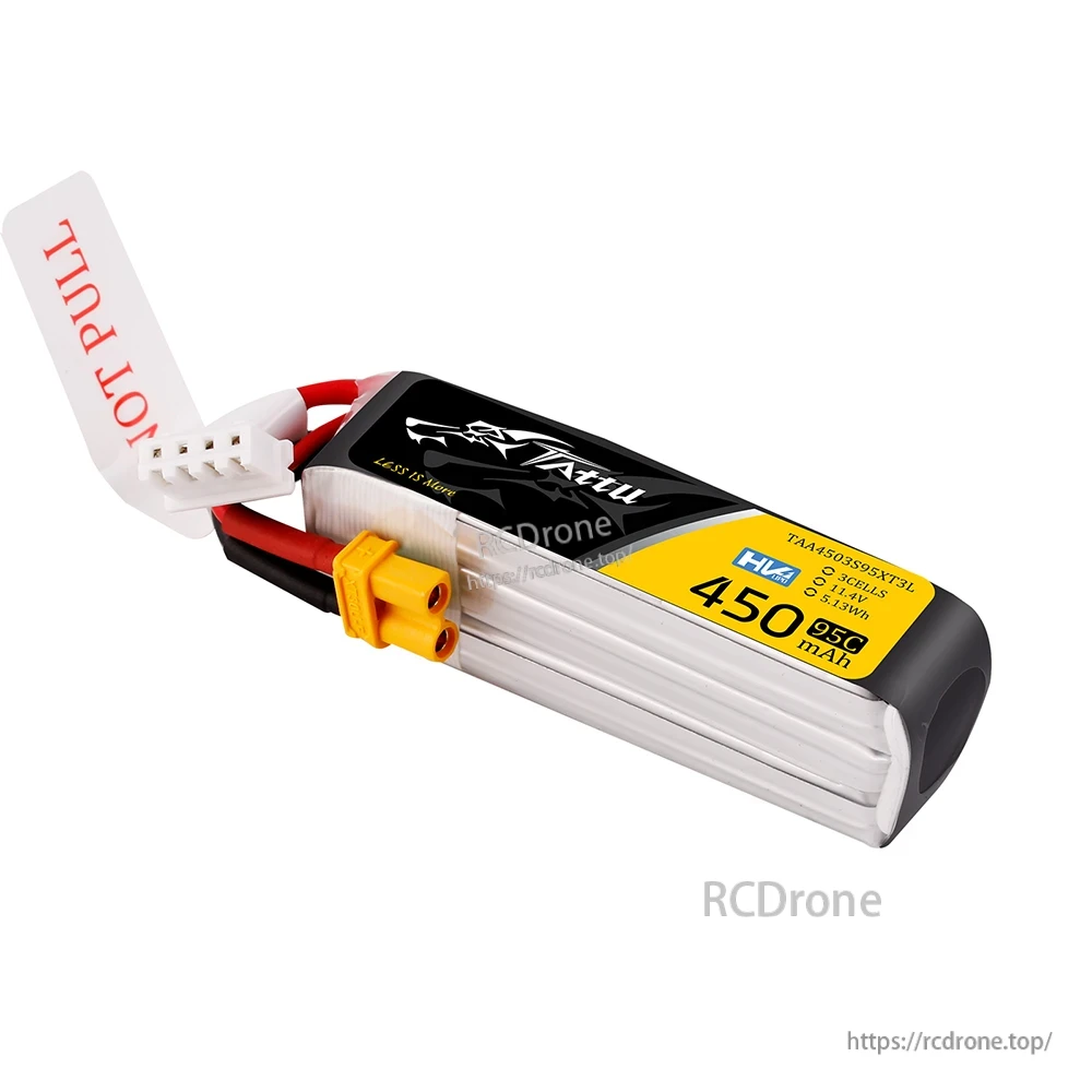 Tattu 450mAh 3S 11.4V HV 95C LiPo battery with XT30 lead and 3S balance connector