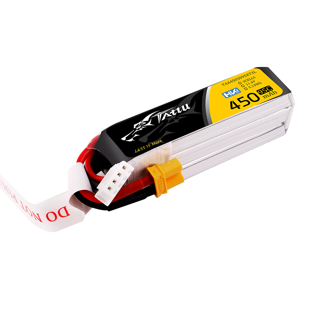 Tattu 450mAh 3S 11.4V HV 95C LiPo Battery, Tattu 450mAh 3S HV LiPo battery pack with XT30 plug and balance lead, labeled 11.4V 95C