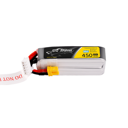 Tattu 450mAh 4S 95C 15.2V HV LiPo Battery, Tattu 450mAh 4S HV LiPo battery pack with XT30 plug and balance lead, labeled 95C 15.2V