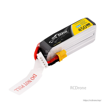 Tattu 450mAh 4S 95C 15.2V HV LiPo Battery, Tattu 450mAh 4S HV LiPo battery pack with XT30 connector and white balance lead, labeled 15.2V 95C