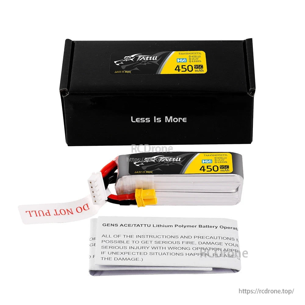 Tattu 450mAh 4S 95C 15.2V HV LiPo Battery, Tattu 450mAh 4S HV LiPo battery pack with XT30 connector and balance lead, with box and safety leaflet
