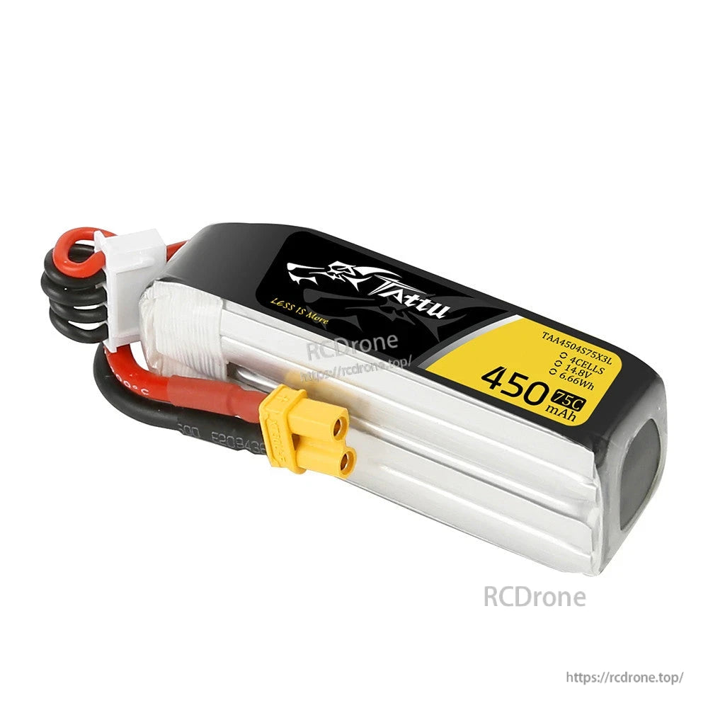 Tattu 4S 450mAh 75C 14.8V LiPo battery pack with XT30 power lead and white balance connector