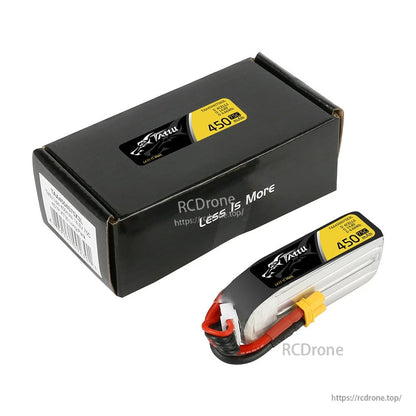 Tattu 4S 450mAh 75C 14.8V LiPo battery pack with XT30 connector and balance lead next to retail box