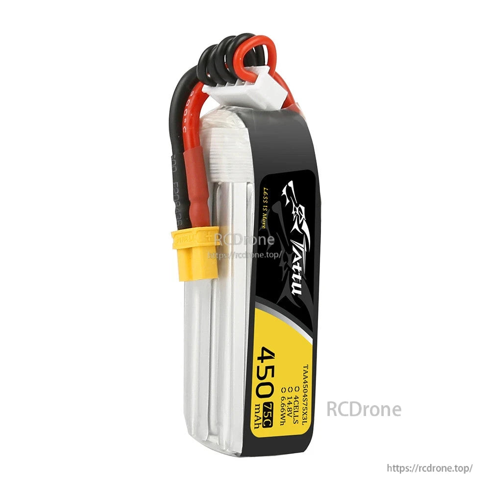 Tattu 4S 450mAh 75C 14.8V LiPo Battery, Tattu 4S 450mAh 14.8V LiPo battery pack with XT30 connector and balance lead, 75C label