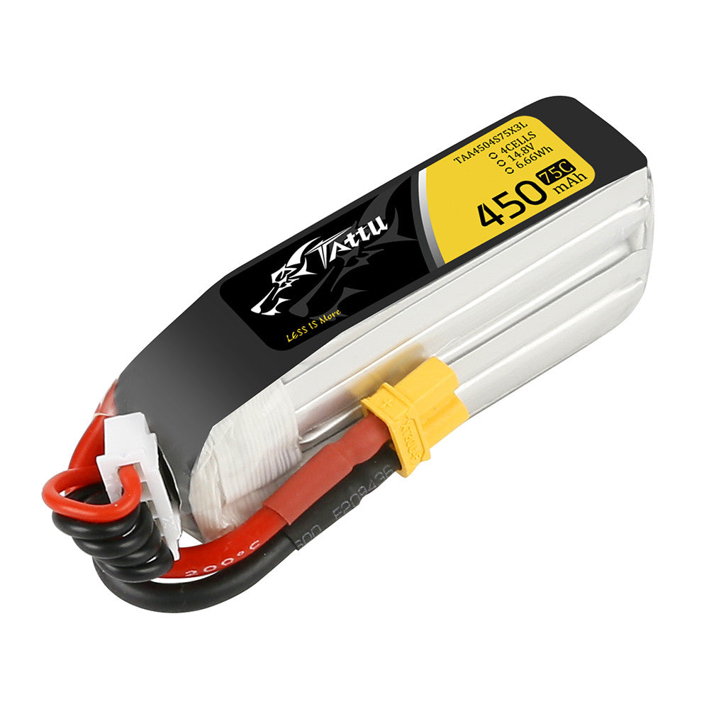 Tattu 4S 450mAh 75C 14.8V LiPo battery pack with yellow XT30-style connector and balance lead