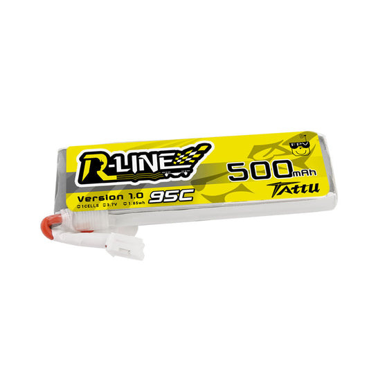 Tattu 500mAh 1S 3.7V 95C LiPo Battery, Tattu R-Line 500mAh 1S 3.7V 95C LiPo battery pack with white power connector and lead