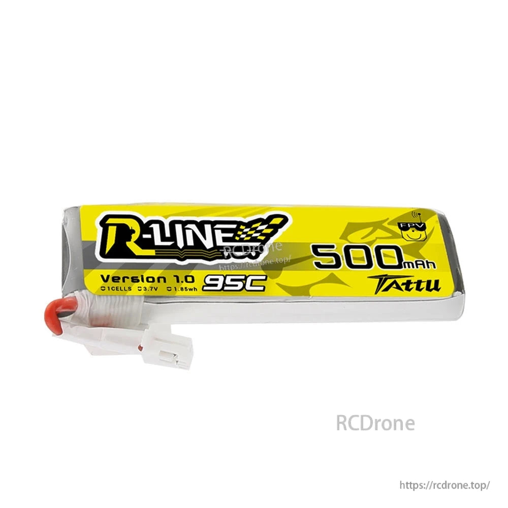 Tattu 500mAh 1S 3.7V 95C LiPo Battery, Tattu R-Line 500mAh 1S 3.7V 95C LiPo battery pack with yellow label and white 2-pin connector lead