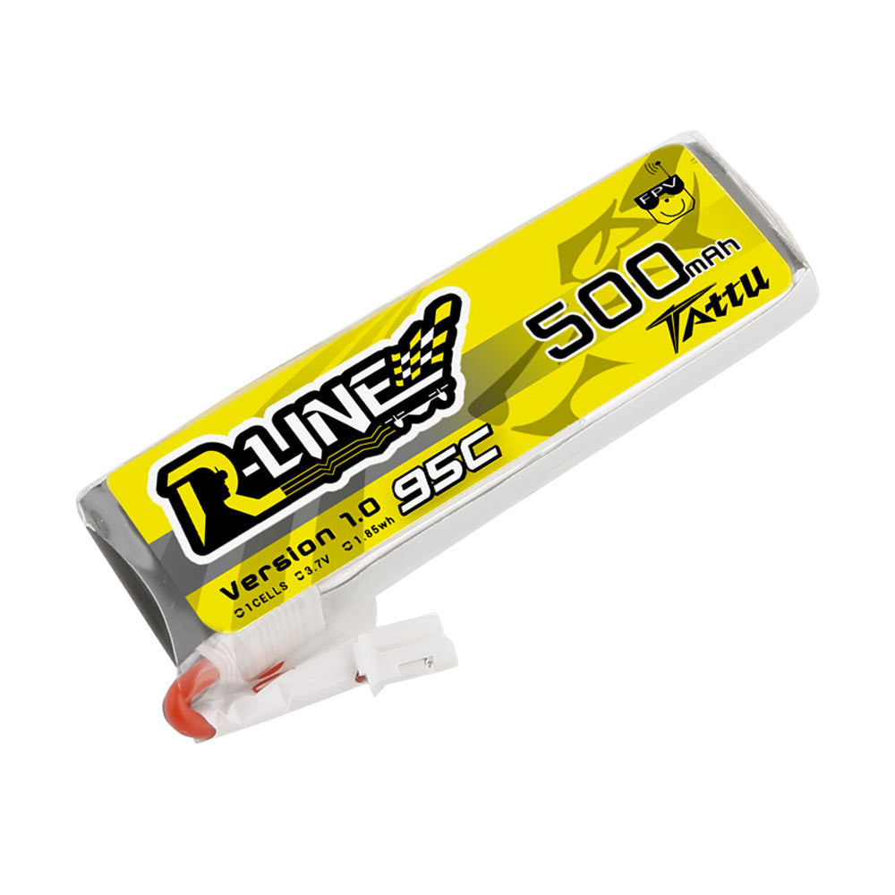 Tattu 500mAh 1S 3.7V 95C LiPo Battery, Tattu R-Line 500mAh 1S 3.7V 95C LiPo battery pack with shrink wrap label and small white connector