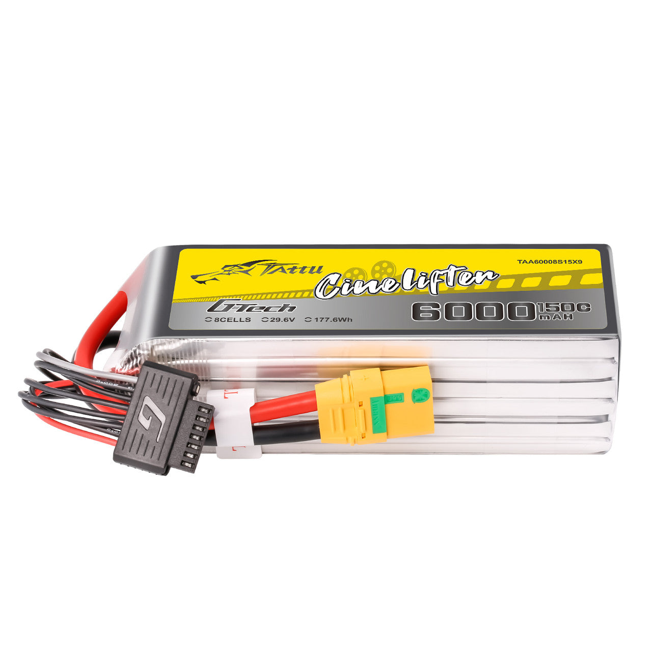Tattu GTech CineLifter 8S 6000mAh LiPo battery pack labeled 29.6V 177.6Wh with XT90-S and balance lead