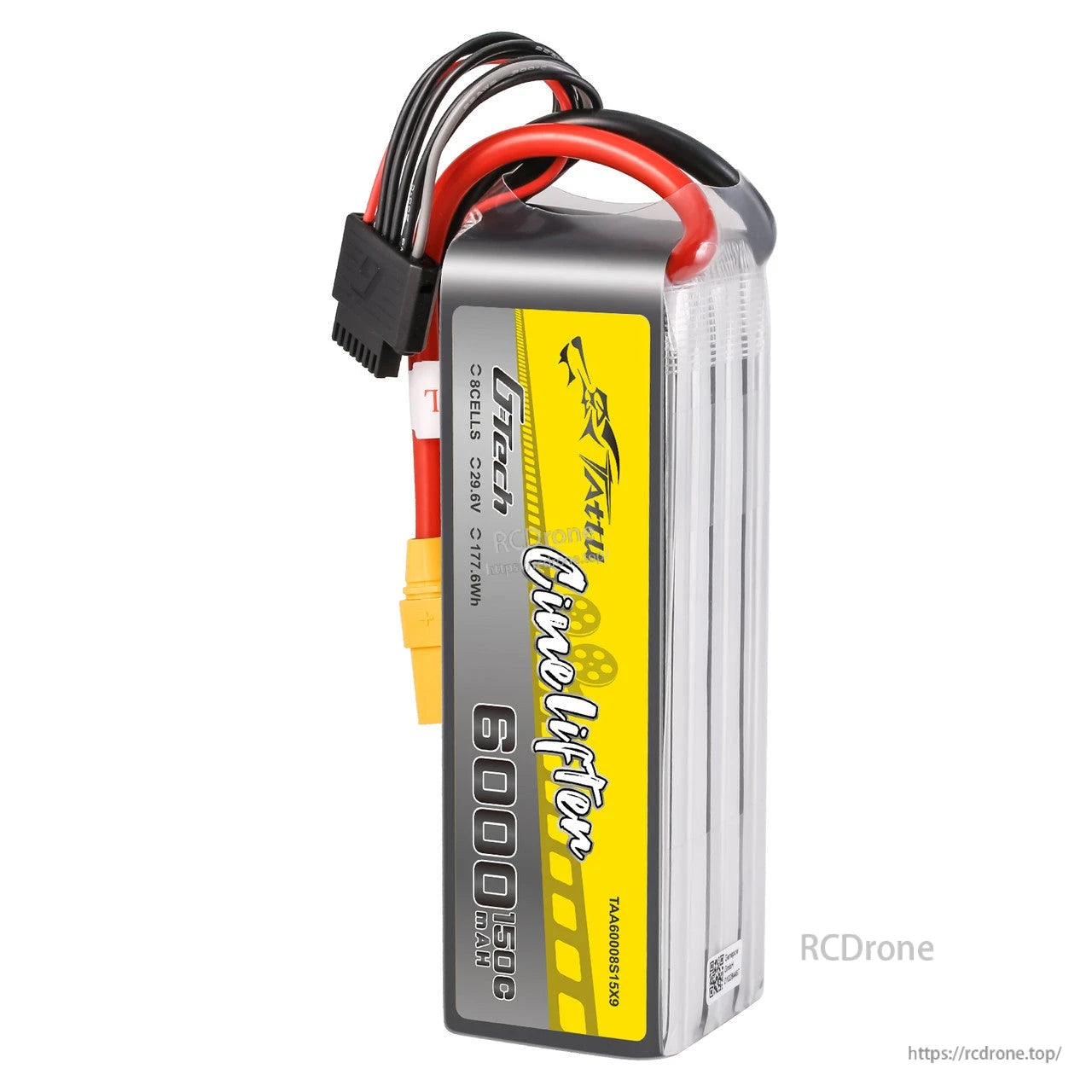 Tattu 8S 29.6V 6000mAh LiPo battery pack with 150C label, XT90-S main lead and balance connector