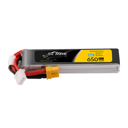 Tattu 650mAh 2S 95C 7.6V HV LiPo Battery, Tattu 650mAh 2S 7.6V HV LiPo battery pack with XT30 connector and balance lead, labeled 95C