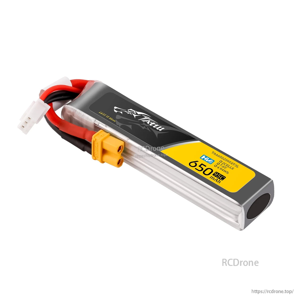 Tattu 650mAh 2S 95C 7.6V HV LiPo Battery, Tattu 650mAh 2S HV LiPo battery with XT30-style yellow connector and 3-pin balance lead, 95C label