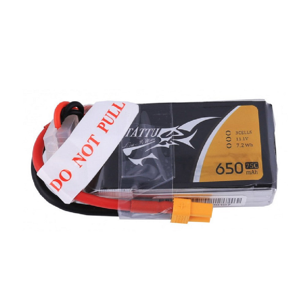 Tattu 650mAh 3S 75C 11.1V LiPo Battery, Tattu 650mAh 3S 11.1V 75C LiPo battery pack with XT30 connector and balance lead, labeled 7.2Wh