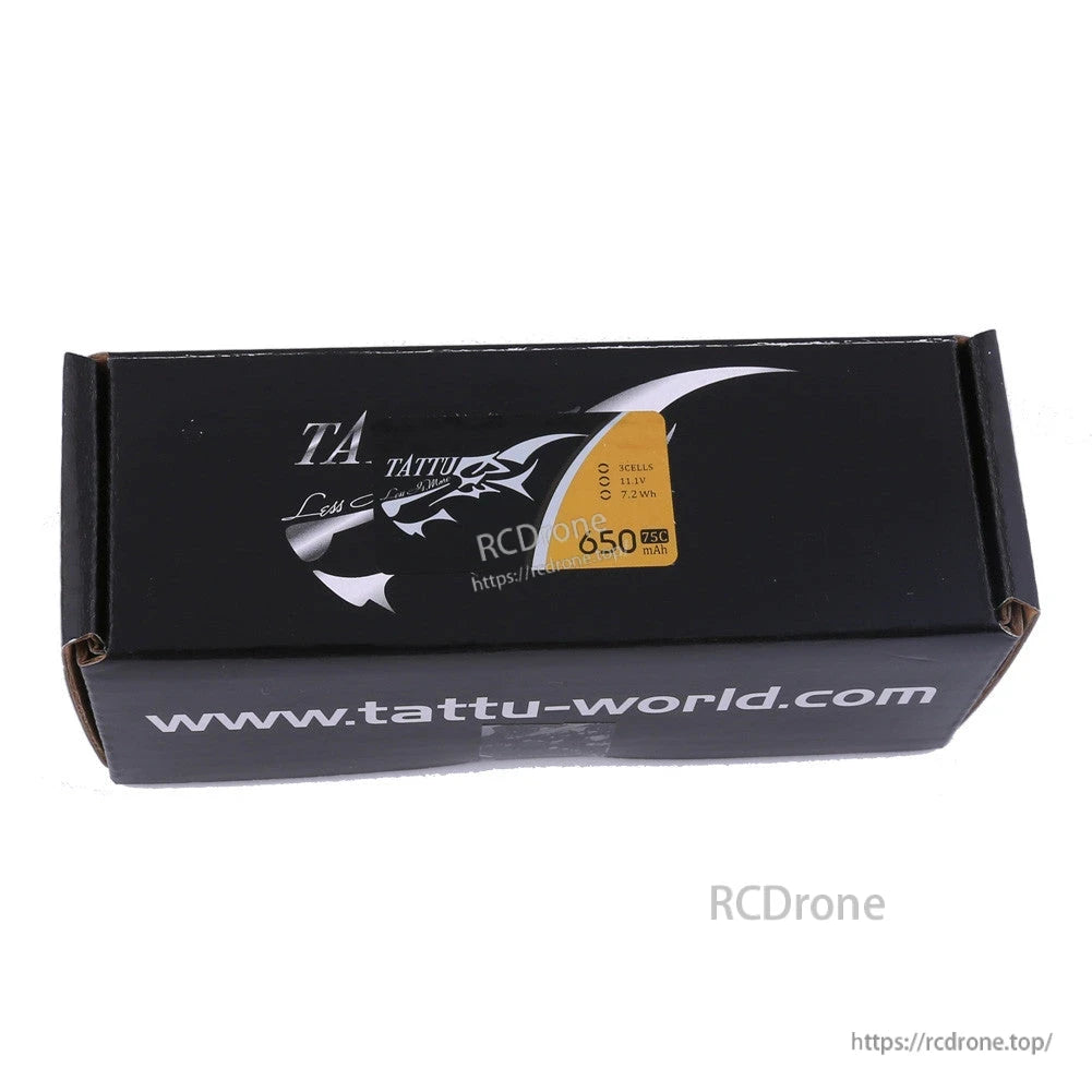 Tattu 650mAh 3S 75C 11.1V LiPo Battery, Tattu LiPo battery pack box labeled 3 cells 11.1V, 650mAh and 75C rating