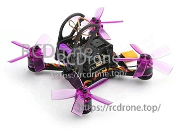 Tattu 650mAh 3S 75C 11.1V LiPo Battery, Compact FPV quadcopter with purple propellers and a carbon frame build on a white background