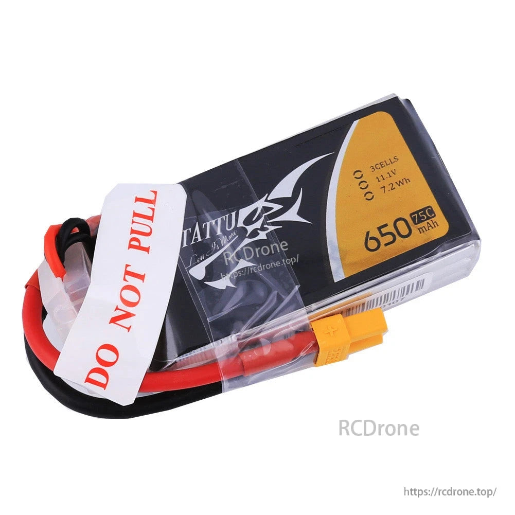 Tattu 650mAh 3S 75C 11.1V LiPo Battery, Tattu 650mAh 3S 11.1V 75C LiPo battery pack with XT30 connector and protective wrap