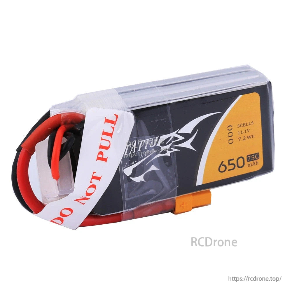 Tattu 650mAh 3S 75C 11.1V LiPo Battery, Tattu 650mAh 3S 11.1V 75C LiPo battery pack with XT30 connector and labeled 3-cells 7.2Wh