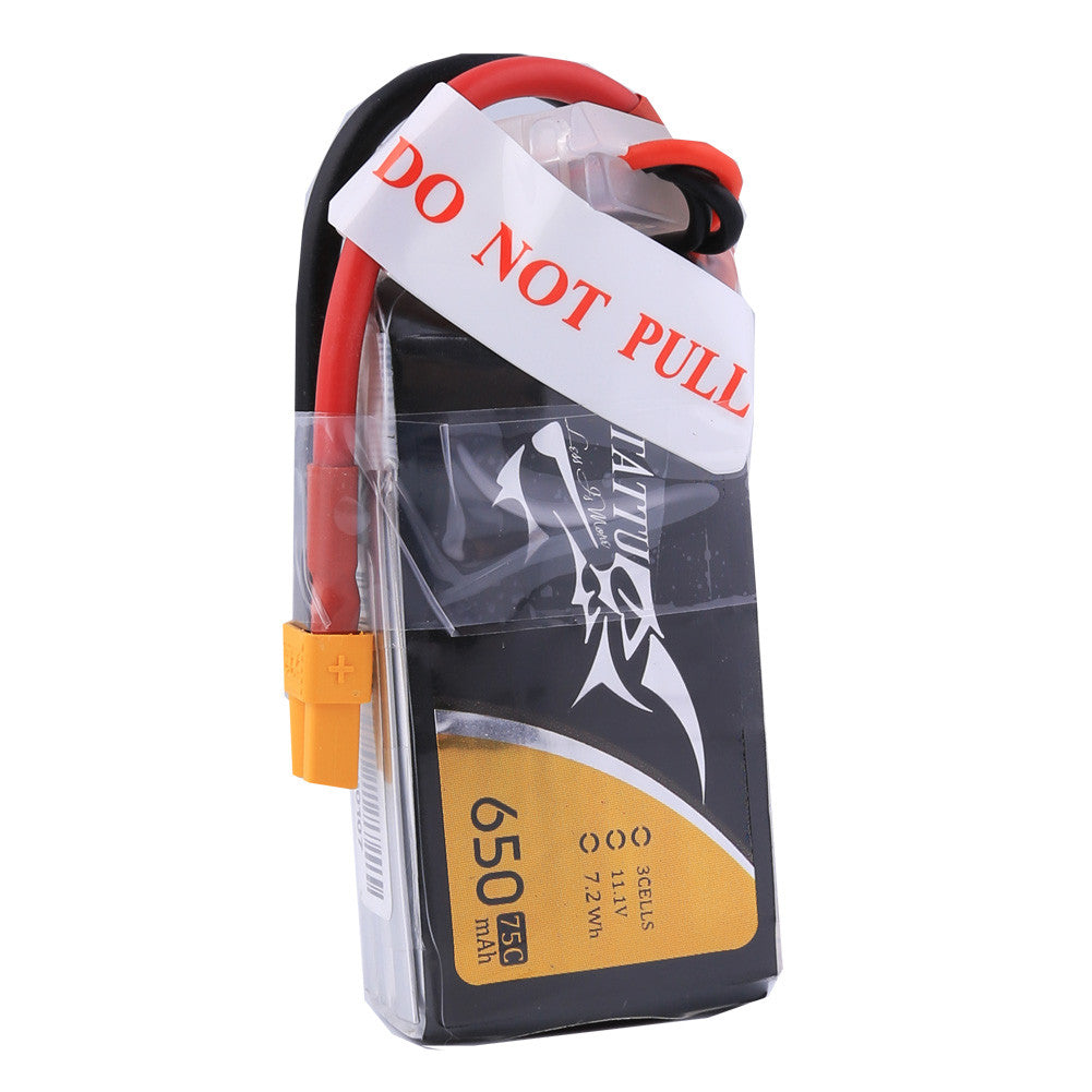 Tattu 650mAh 3S 75C 11.1V LiPo Battery, Tattu 650mAh 3S 75C LiPo battery pack with XT30 connector and balance lead, wrapped in protective case