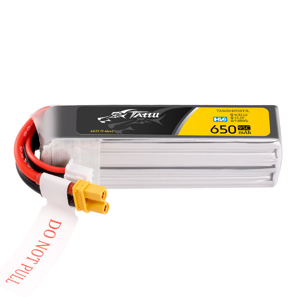 Tattu 650mAh 4S 15.2V 95C LiPo Battery, Tattu 650mAh 4S LiPo battery pack with XT30 plug and balance lead, labeled 15.2V 95C (HV)