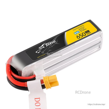 Tattu 650mAh 4S 15.2V 95C LiPo battery pack with yellow XT30 connector and red/black power leads