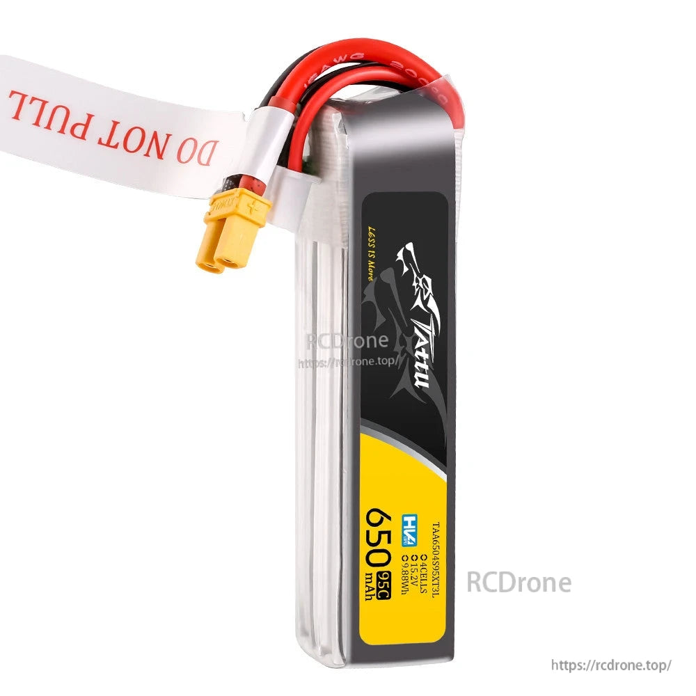 Tattu 650mAh 4S 15.2V 95C LiPo battery pack with yellow XT30 connector and red silicone leads