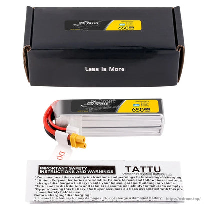 Tattu 650mAh 4S 15.2V 95C LiPo Battery, Tattu 650mAh 4S 95C LiPo battery with XT30 plug and balance lead, shown with box and safety instructions