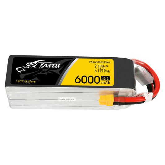 Tattu 6S 6000mAh 35C 22.2V LiPo battery pack with XT60 connector and label showing 6 cells and 133.2Wh