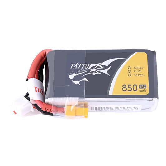 Tattu 850mAh 3S 11.1V 45C LiPo battery pack with main power connector and 3-cell balance lead