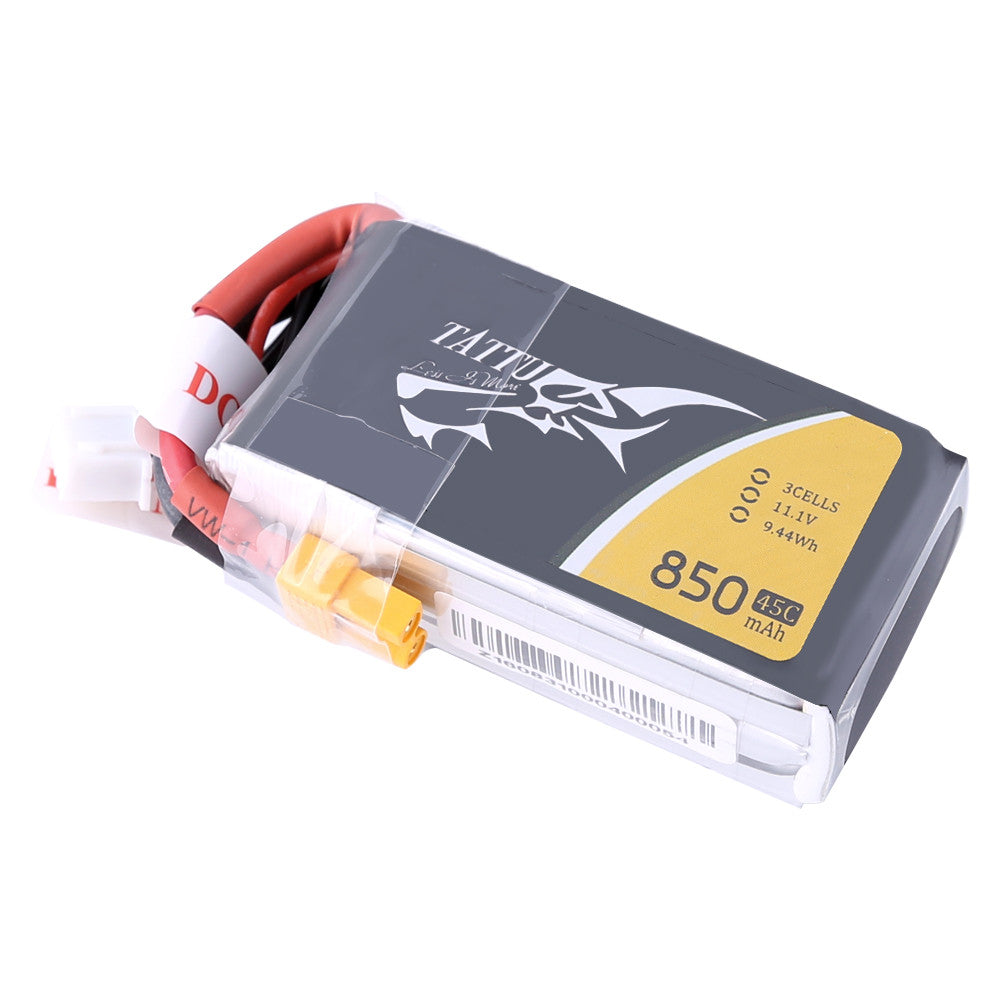 Tattu 850mAh 3S 11.1V 45C LiPo battery pack with XT60-style yellow power plug and balance lead