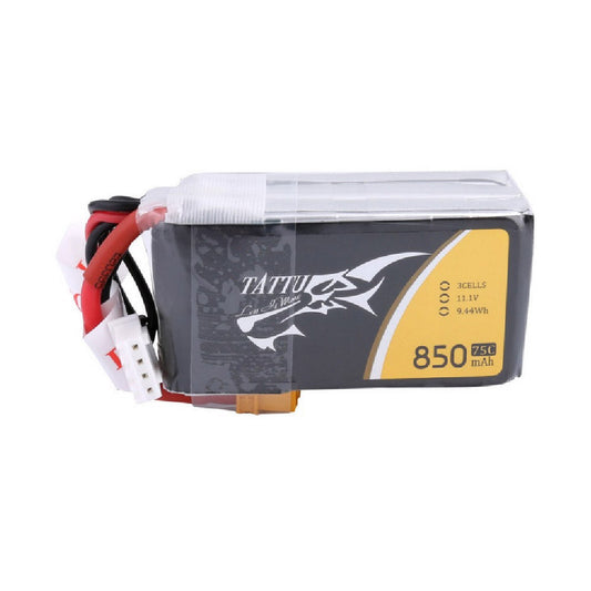 Tattu 850mAh 3S 11.1V 75C LiPo battery pack with main power plug and 3-cell balance connector