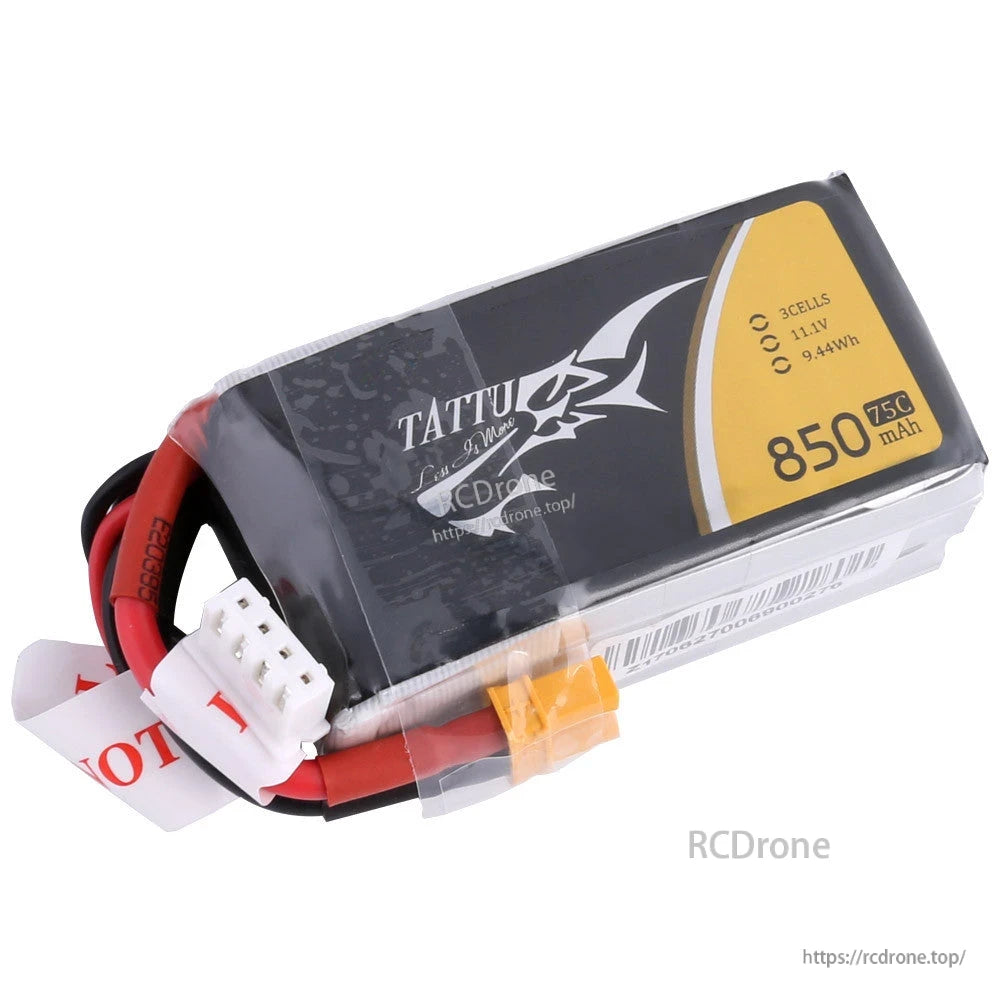 Tattu 850mAh 3S 11.1V 75C LiPo battery pack with main power lead, yellow connector, and white balance plug