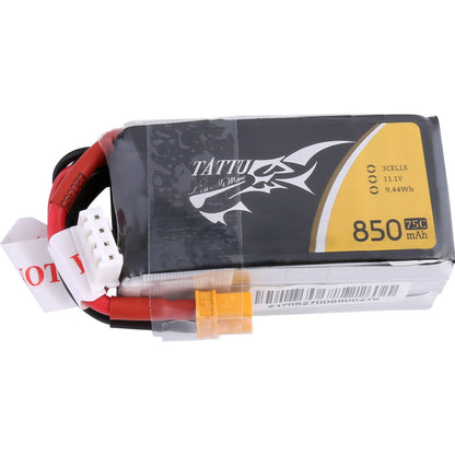 Tattu 850mAh 3S 11.1V 75C LiPo battery pack with labeled specs, main power connector and white balance plug