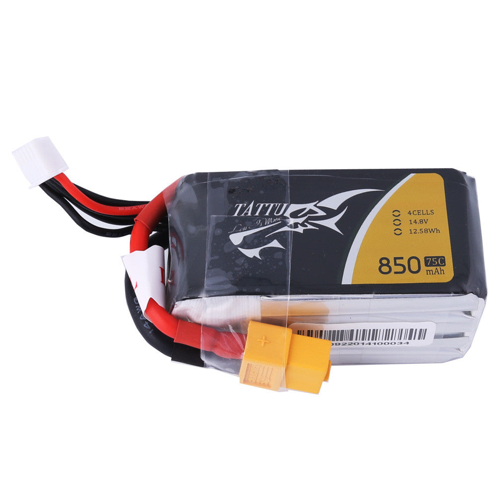 Tattu 850mAh 4S 14.8V 75C LiPo battery pack with XT60 power lead and white balance connector