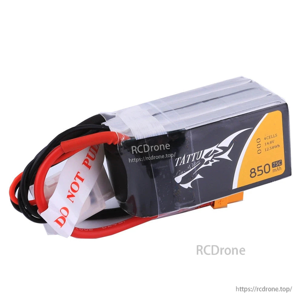 Tattu 850mAh 4S 14.8V 75C LiPo Battery, Tattu 850mAh 4S 14.8V LiPo battery pack with XT60 connector, balance lead, and “Do Not Pull” tag