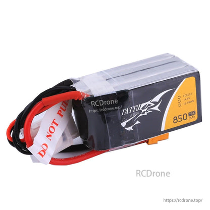Tattu 850mAh 4S 14.8V 75C LiPo Battery, Tattu 850mAh 4S 14.8V LiPo battery pack with XT60 connector, balance lead, and “Do Not Pull” tag