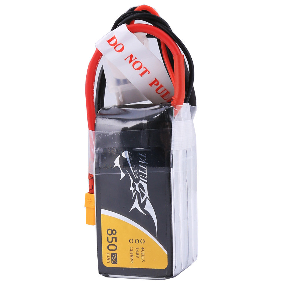 Tattu 850mAh 4S 14.8V 75C LiPo battery pack with yellow main plug, balance lead, and wrapped wiring