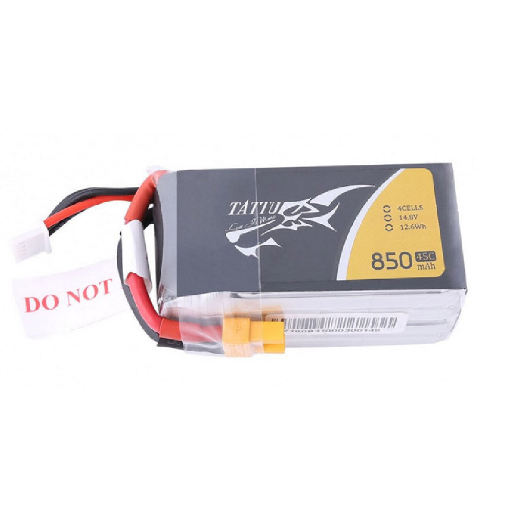 Tattu 850mAh 4S 45C 14.8V LiPo Battery, Tattu 850mAh 4S 14.8V 45C LiPo battery pack with yellow XT60-style connector and balance lead