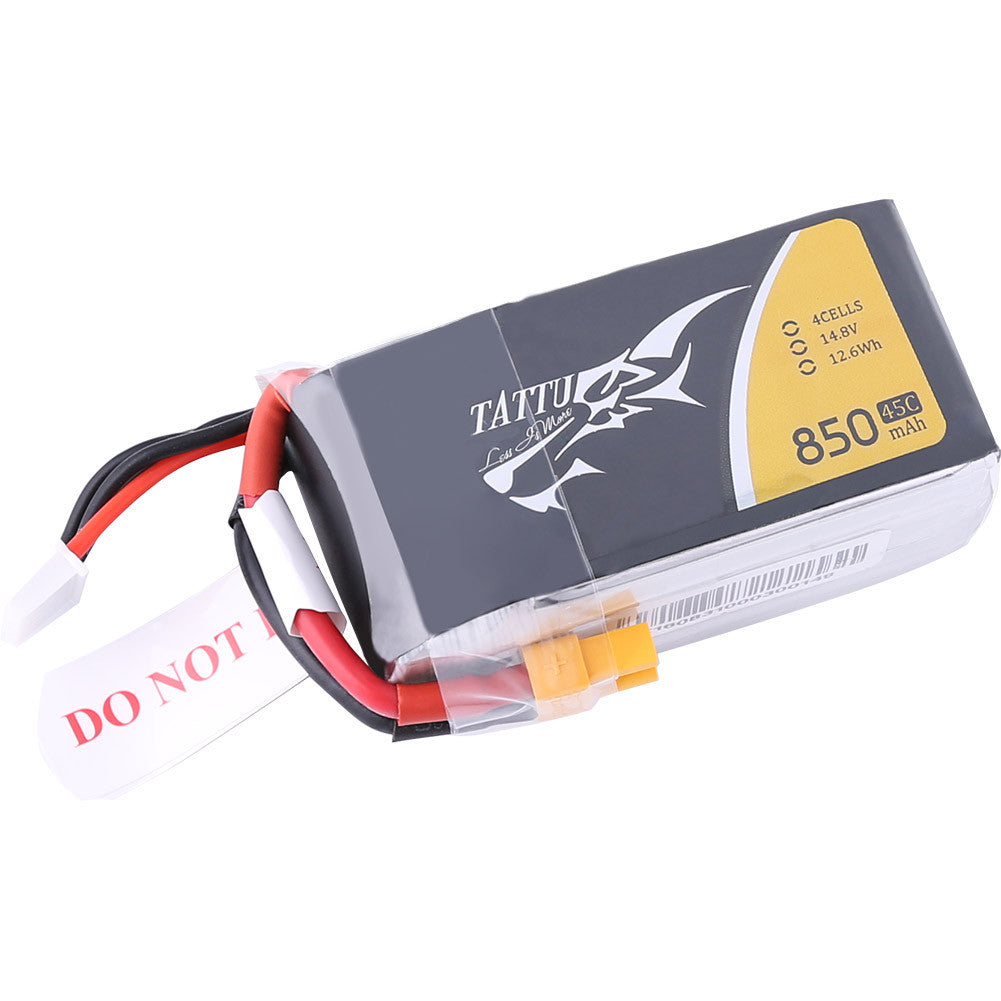 Tattu 850mAh 4S 45C 14.8V LiPo battery pack with XT60-style connector and balance lead