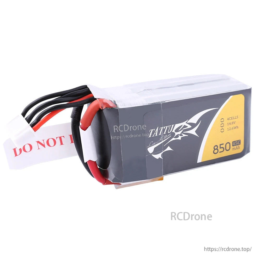 Tattu 850mAh 4S 45C 14.8V LiPo Battery, Tattu 850mAh 4S 14.8V LiPo battery pack with attached power leads and balance connector, labeled 45C
