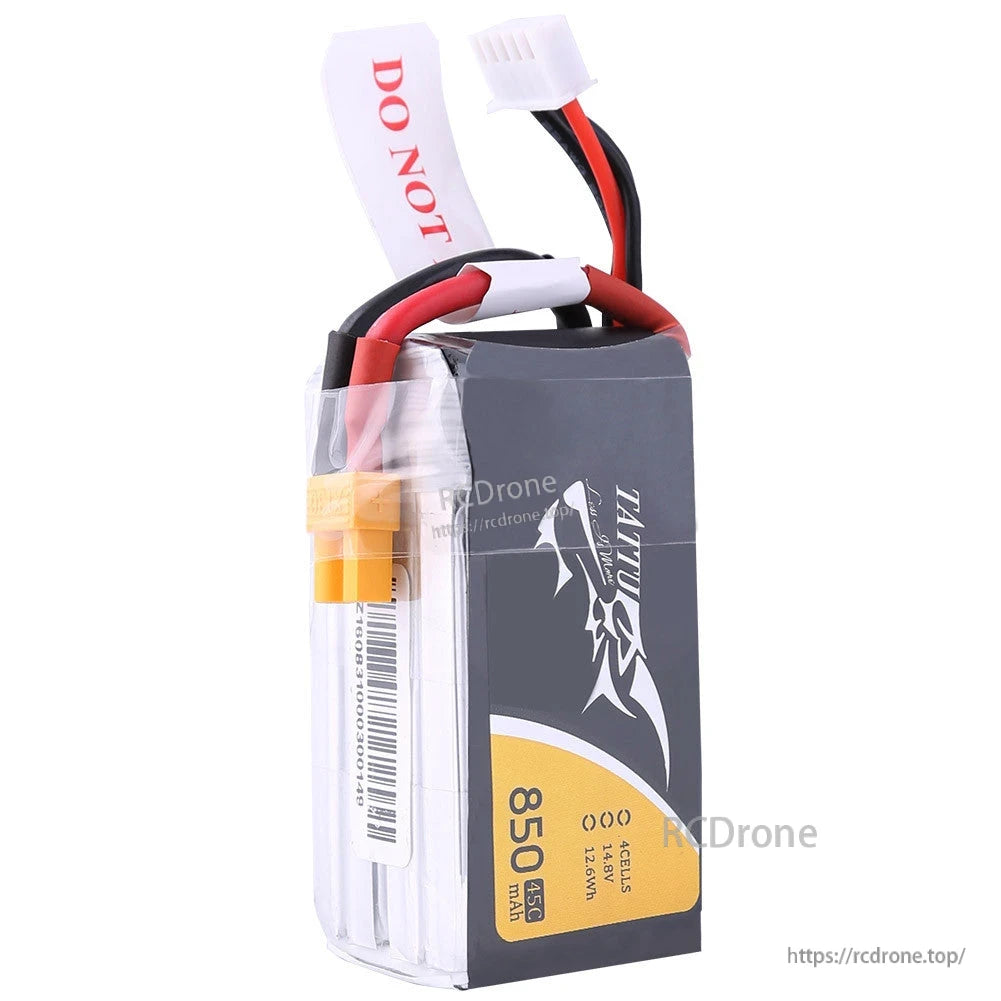 Tattu 850mAh 4S 45C 14.8V LiPo Battery, Tattu 850mAh 4S 45C LiPo battery pack with XT30-style connector and 4S balance lead, labeled 14.8V