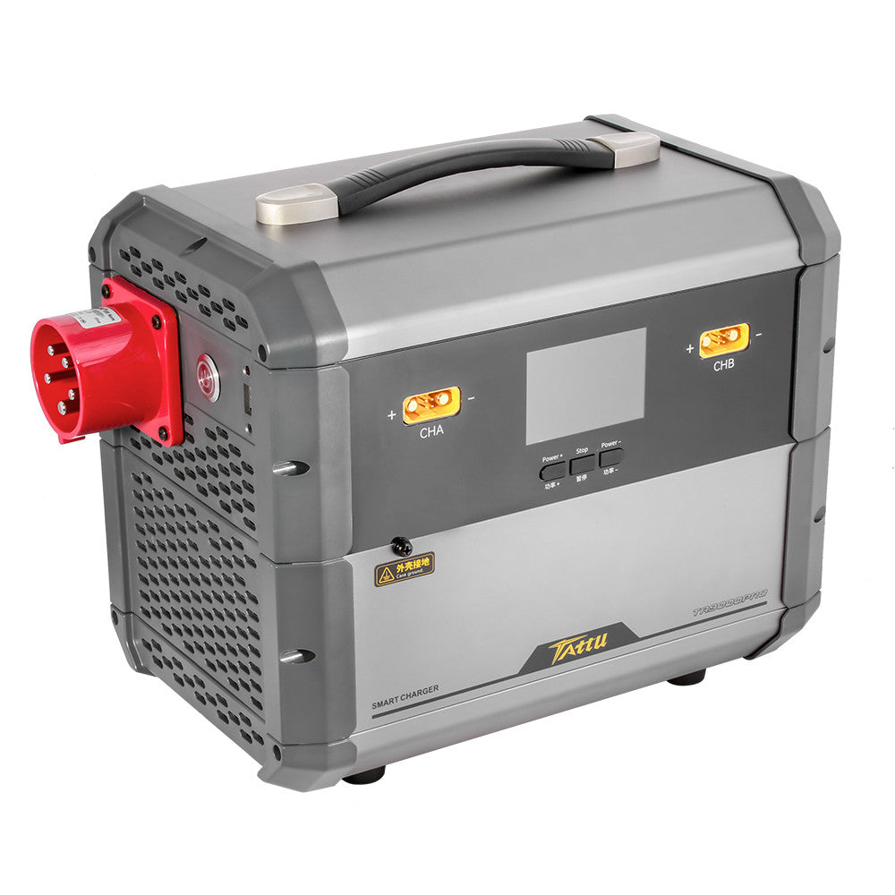 Tattu dual-channel smart battery charger with CHA/CHB output ports, front display controls, and carry handle