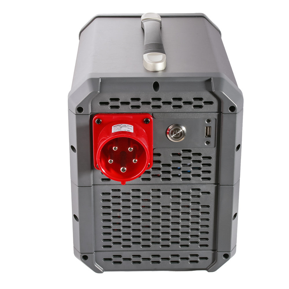Rear view of Tattu Pro smart battery charger with red industrial AC inlet, key switch, USB port, and vented case