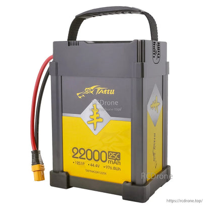 Tattu AGRI 22000mAh 44.4V 25C 12S1P LiPo Battery, Tattu AGRI 12S LiPo battery pack with hard case handle, 22000mAh 44.4V 25C label and yellow XT90 plug