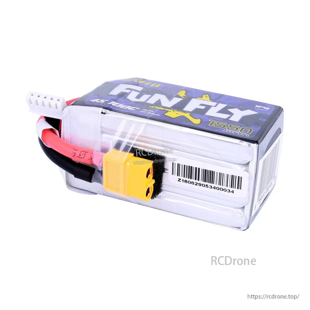 Tattu FunFly 1550mAh 4S1P 14.8V 100C LiPo Battery, Tattu FunFly 1550mAh 4S LiPo battery pack with XT60 connector and white balance lead, 100C label