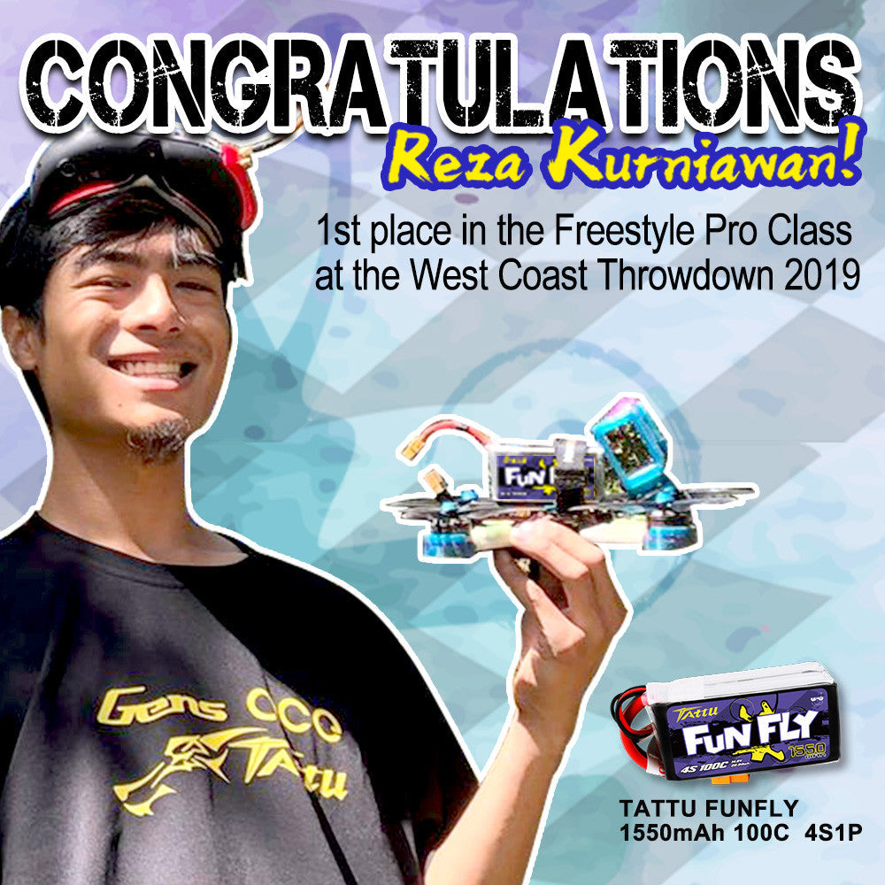 Tattu FunFly 1550mAh 4S1P 14.8V 100C LiPo Battery, Promotional graphic showing Tattu FunFly 1550mAh 4S 100C LiPo battery with an FPV quadcopter