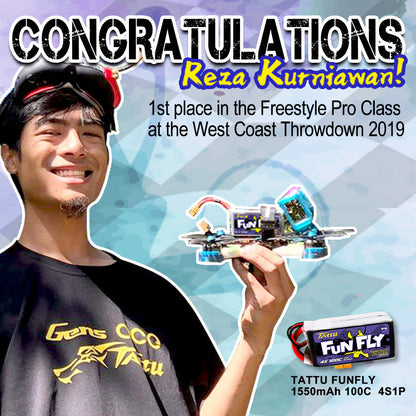 Tattu FunFly 1550mAh 4S1P 14.8V 100C LiPo Battery, Promotional graphic showing Tattu FunFly 1550mAh 4S 100C LiPo battery with an FPV quadcopter