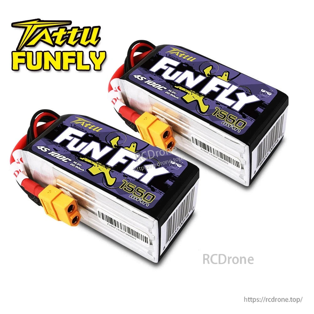 Tattu FunFly 1550mAh 4S1P 14.8V 100C LiPo Battery, Two Tattu FunFly 1550mAh 4S 100C LiPo batteries with yellow XT60 connectors and power leads