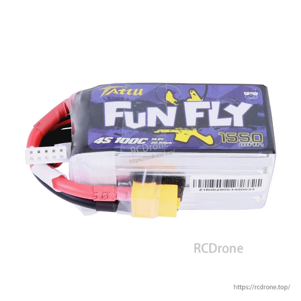 Tattu FunFly 1550mAh 4S1P 14.8V 100C LiPo Battery, Tattu FunFly 1550mAh 4S 100C LiPo battery pack with XT60 power lead and white balance connector