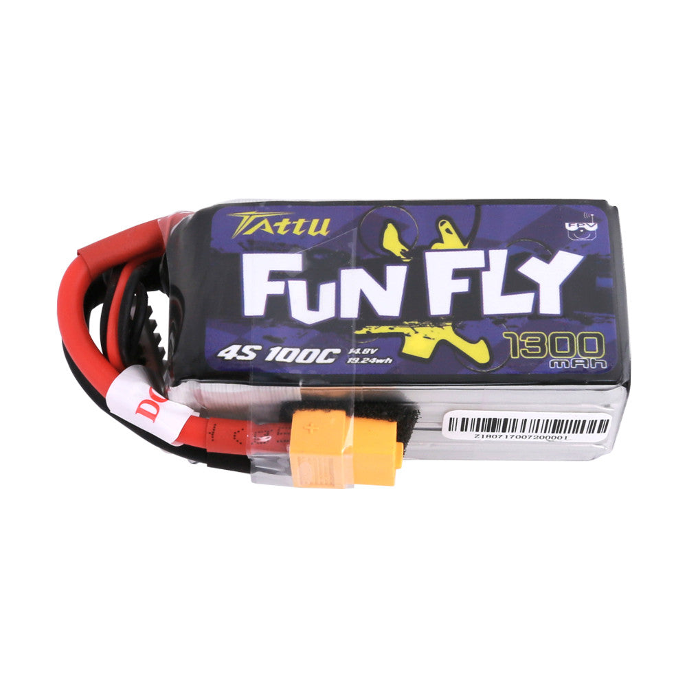 Tattu Funfly 1300mAh 4S 14.8V 100C LiPo Battery, Tattu Fun Fly 1300mAh 4S 100C LiPo battery pack with XT60-style connector and balance lead
